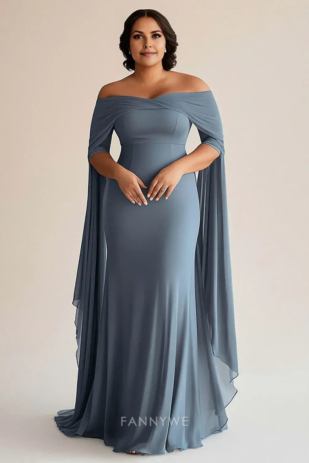 Elegant Blue Off - Shoulder Cape Sleeve Mermaid Maxi Dress Mother of the Bride Dress